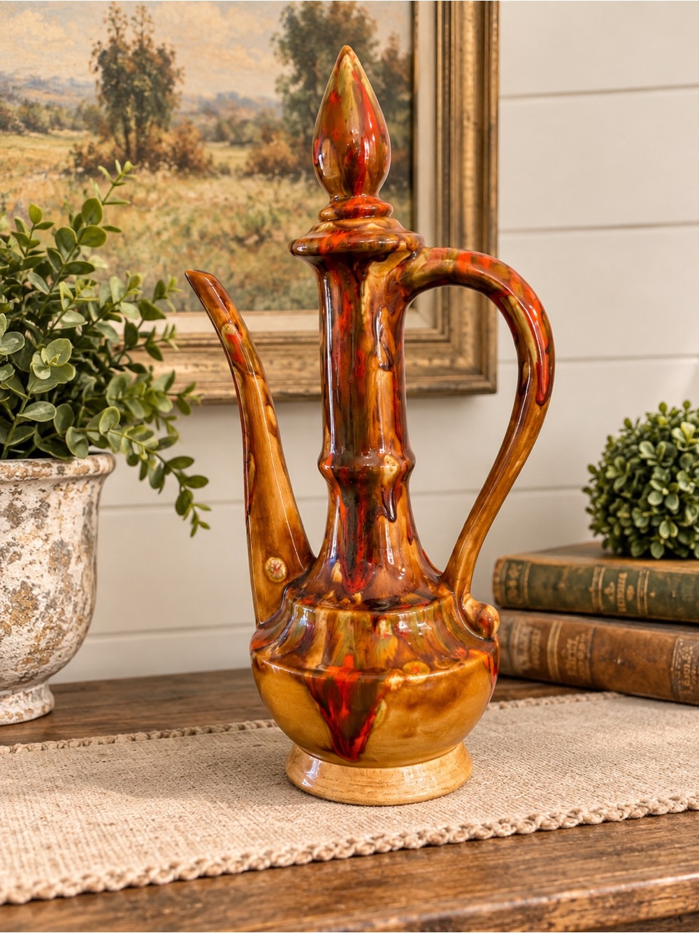 Vintage Glazed Pitcher Vase in Amber and Red Tones